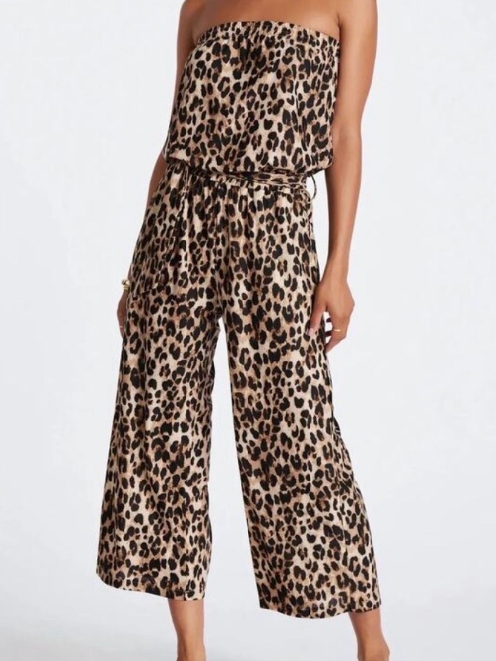 bishop + young Beige and Black Leopard-Print Strapless Wide-Leg Jumpsuit